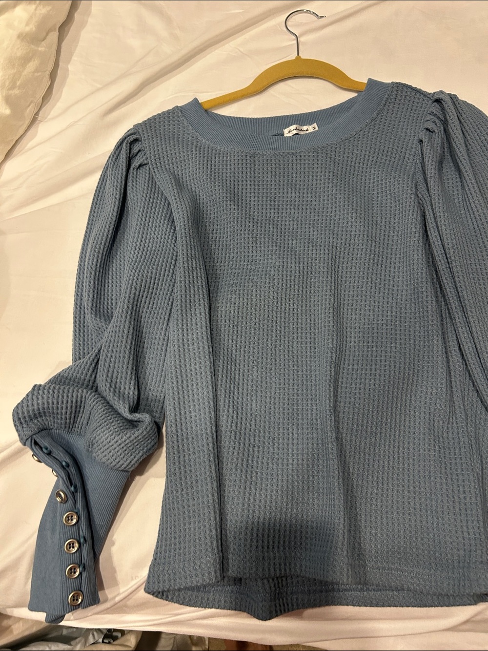 Waffle Knit Puff Sleeve Long-Sleeve Top in Dusty Blue